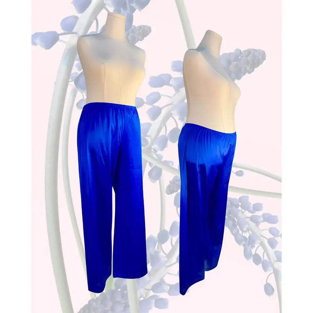Vintage 70s NWT Vanity Fair Royal Blue Pink Floral Embroidered Pajama Set Size M